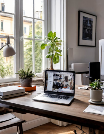 Modern home office with laptop and plantsの素材