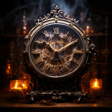 Mysterious antique clock with exposed gears and burning candlesの素材
