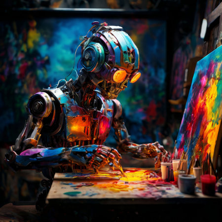 Robotic artist painting vibrant abstract artworkの素材