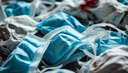 Discarded medical face masks pile up in a close-up viewの素材