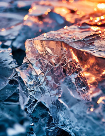 Close-up of melting ice with sunlight reflectionsの素材