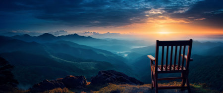 Wooden chair facing sunrise over mountainous landscapeの素材