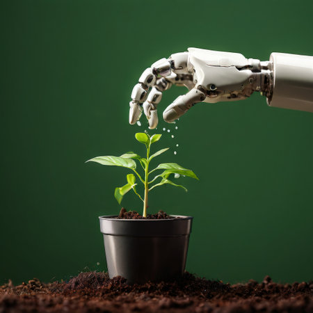 Robotic hand nurturing a small plant in a potの素材