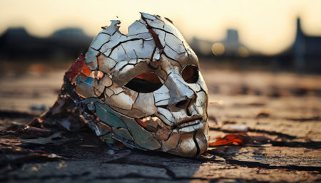 Cracked ceramic mask with a hauntingly serene expressionの素材