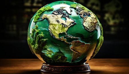 Artistic globe with textured continents and vibrant green oceansの素材