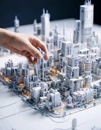 Hand placing a skyscraper in a detailed miniature city modelの素材