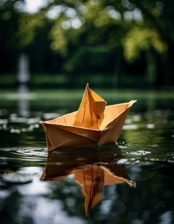 Origami boat floating on serene water in a peaceful settingの素材