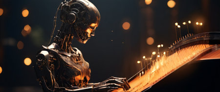 Robotic humanoid playing a glowing futuristic instrumentの素材