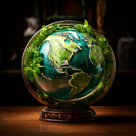 Globe encased in glass terrarium with green foliage detailの素材