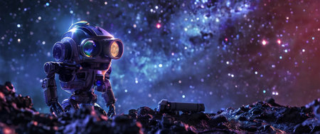 Futuristic robot exploring alien planet under starry skyの素材