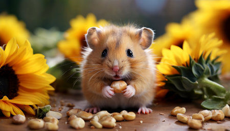 Adorable hamster eating with sunflowers in the backgroundの素材