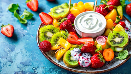 Vibrant fruit platter with yogurt dip on a textured blue backgroundの素材