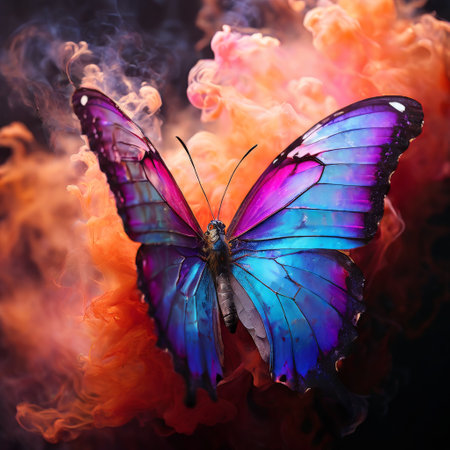 Colorful butterfly in front of swirling smokeの素材