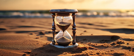 Classic hourglass on a sandy beach at sunsetの素材