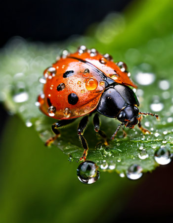 Ladybug on a dewy green leaf in close-upの素材