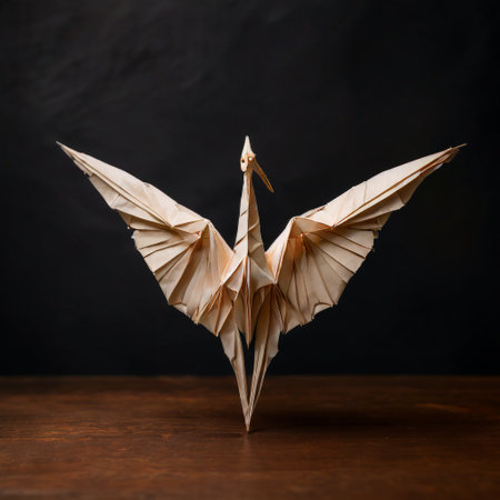 Origami crane on dark background symbolizing peace and creativityの素材