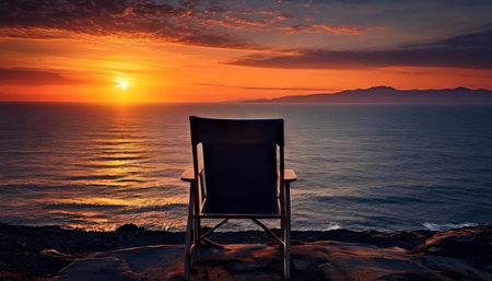 Tranquil sunset view over ocean with empty chair on rocky shoreの素材