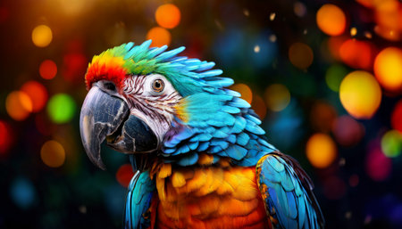 Colorful parrot with vibrant feathers against a bokeh backdropの素材