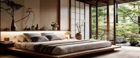Minimalist bedroom with Japanese-inspired decor and garden viewの素材