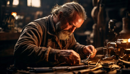 Elderly man meticulously working on intricate metalworkの素材