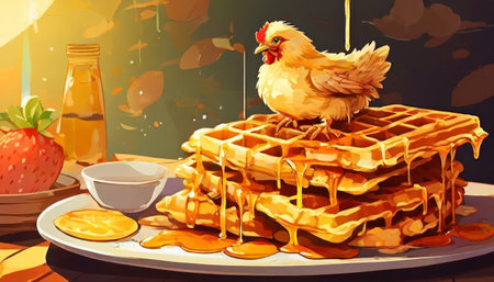 Chicken on waffles with syrup in cozy kitchenの素材