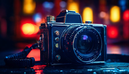 Vintage camera on colorful bokeh backgroundの素材