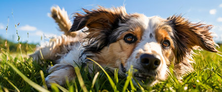 Playful dog lying in sunny grassy fieldの素材