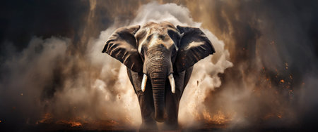 Majestic elephant charging through smoke and fireの素材