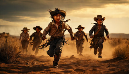 Group of children running in desert landscape at sunsetの素材
