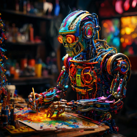 Colorful robot creating vibrant art in workshopの素材
