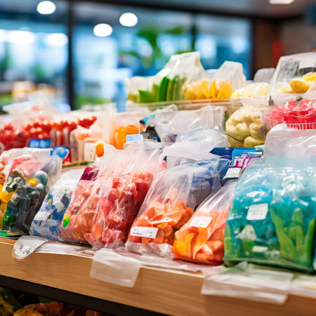 Variety of colorful packaged candies on display in a storeの素材