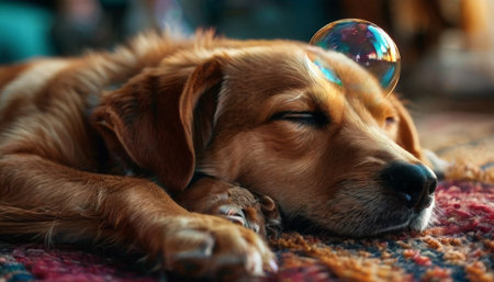 Sleeping dog with bubble on nose indoorsの素材