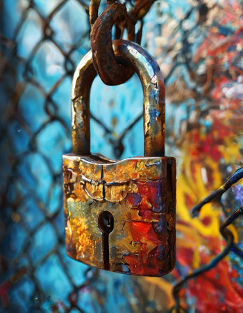 Vibrant rustic padlock on a colorful graffiti backgroundの素材