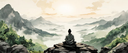 Meditative figure overlooking serene mountain landscapeの素材
