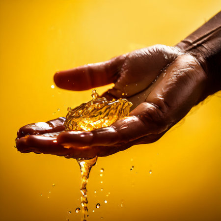 Hand holding liquid gold against yellow backgroundの素材