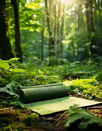Rolled green yoga mat in a serene forest settingの素材