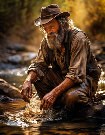 Elderly prospector panning for gold in streamの素材
