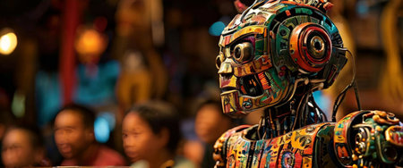 Vibrant cybernetic robot in a bustling environmentの素材