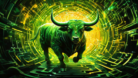 Futuristic green bull charging through digital mazeの素材