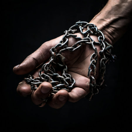 Hand holding metal chains in dark settingの素材