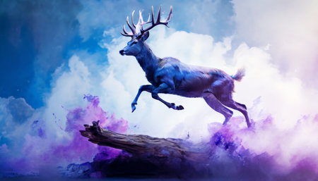 Majestic deer leaping through vibrant colorful cloudsの素材