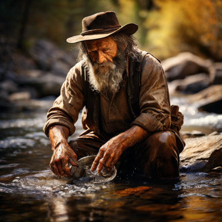 Old prospector panning for gold in a riverの素材