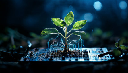 Green Plant Growing on a Microchip in a Futuristic Settingの素材