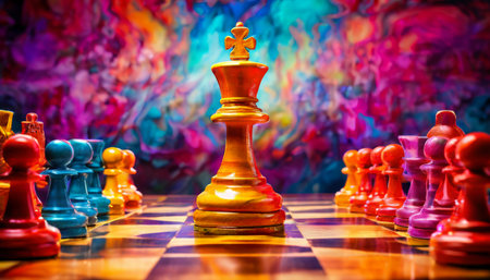 Vibrant chessboard with colorful pieces and kingの素材
