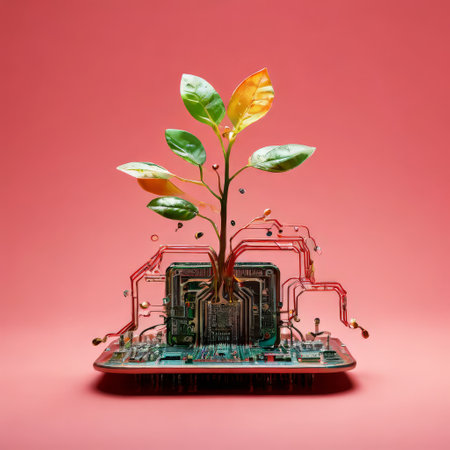 Green plant growing from electronic circuit boardの素材