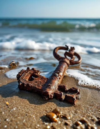 Rusty antique key on a sandy beachの素材