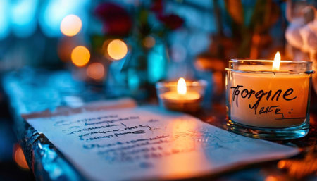 Candlelit scene with handwritten letter and glowing lightsの素材