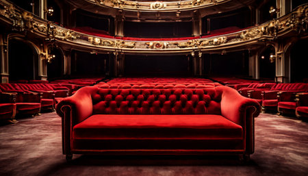 Plush red velvet couch in an elegant theaterの素材