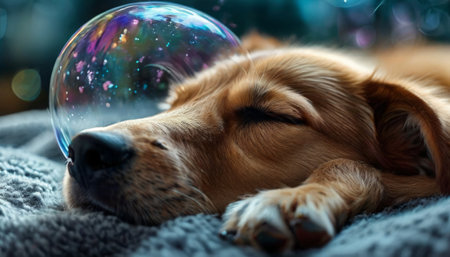 Golden retriever puppy sleeping next to a soap bubbleの素材
