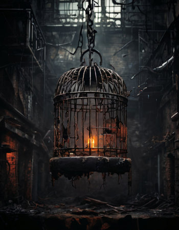 Rusty Birdcage with Candle in Abandoned Buildingの素材